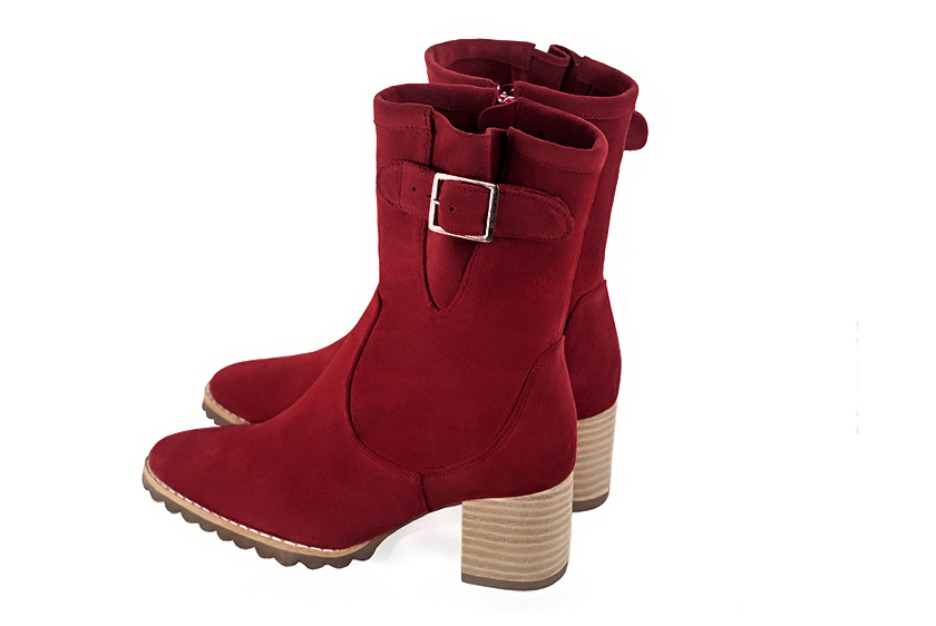 Burgundy red women's ankle boots with buckles on the sides. Round toe. Medium block heels. Rear view - Florence KOOIJMAN